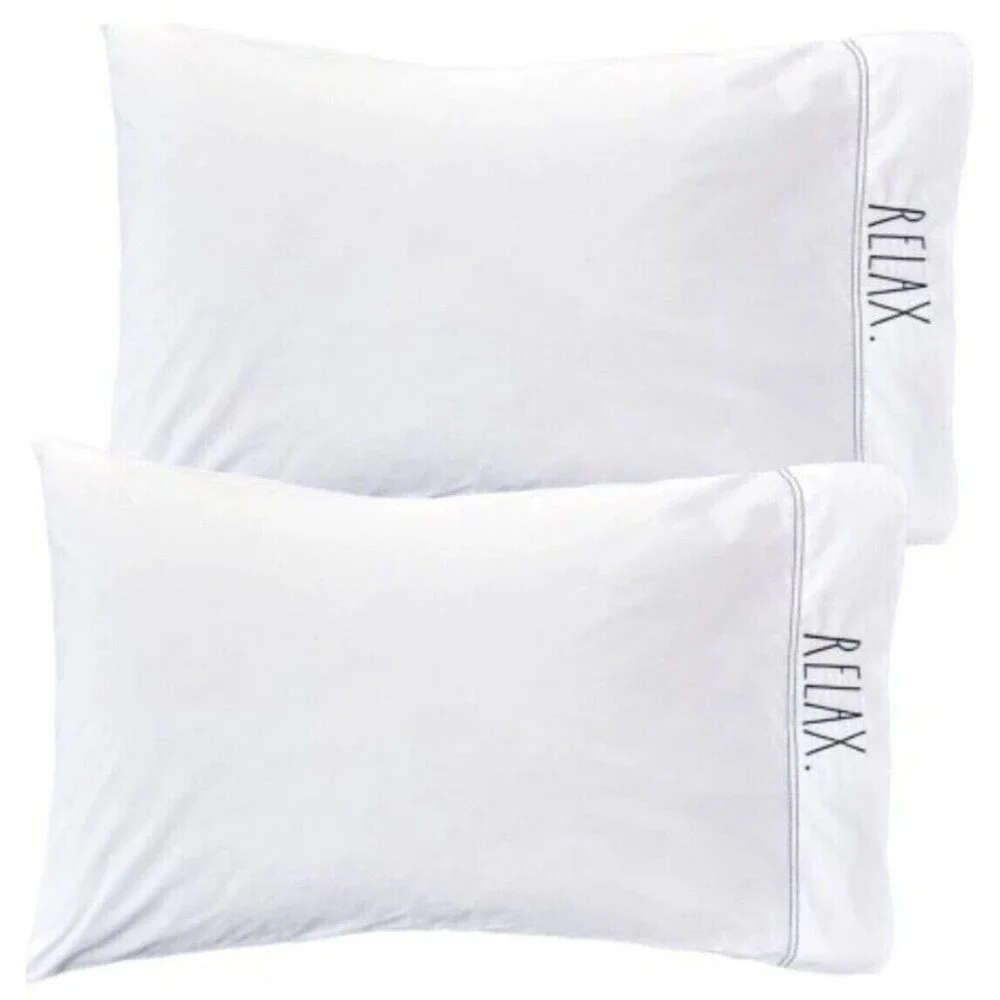 Rae Dunn Pillowcases Relax Embroidered Standard White Cotton Percale Set of 2